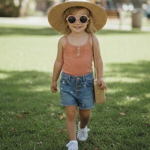Blush Ribbed Scallop-Trim Tank With Daisy Print Jean Shots